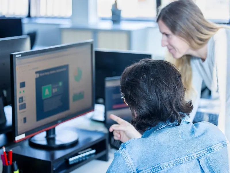 Experts reviewing software code and documentation on a computer screen during an IP audit to identify legal risks