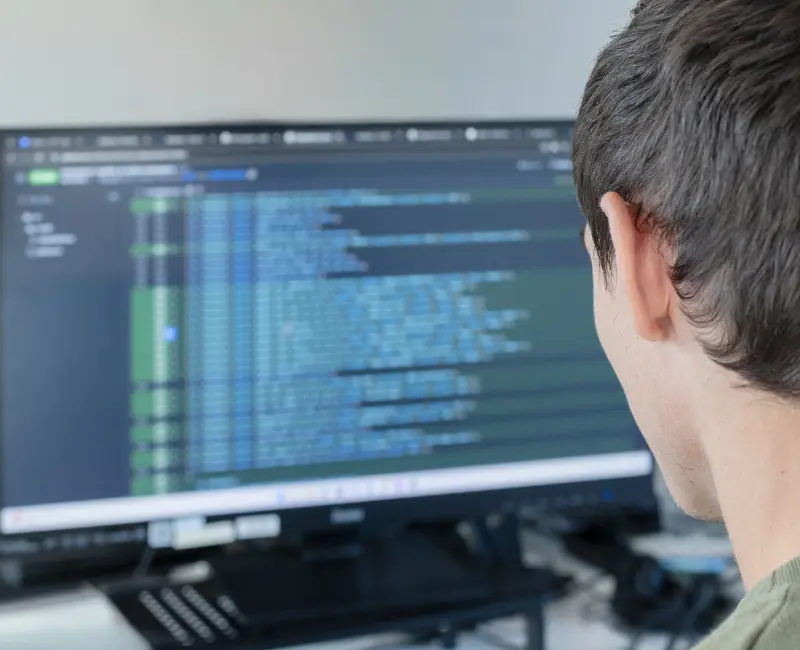 Persona analizando código fuente en una pantalla de ordenador, ilustrando el escaneo de código y la evaluación de la huella de red